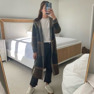 Plaid brown / black hooded duster sweater cardigan, M